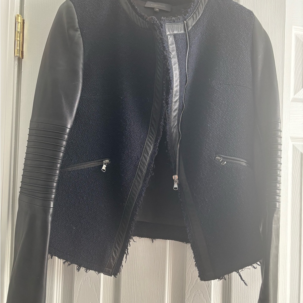 Chic Women's Black and Navy Leather Sleeve Jacket